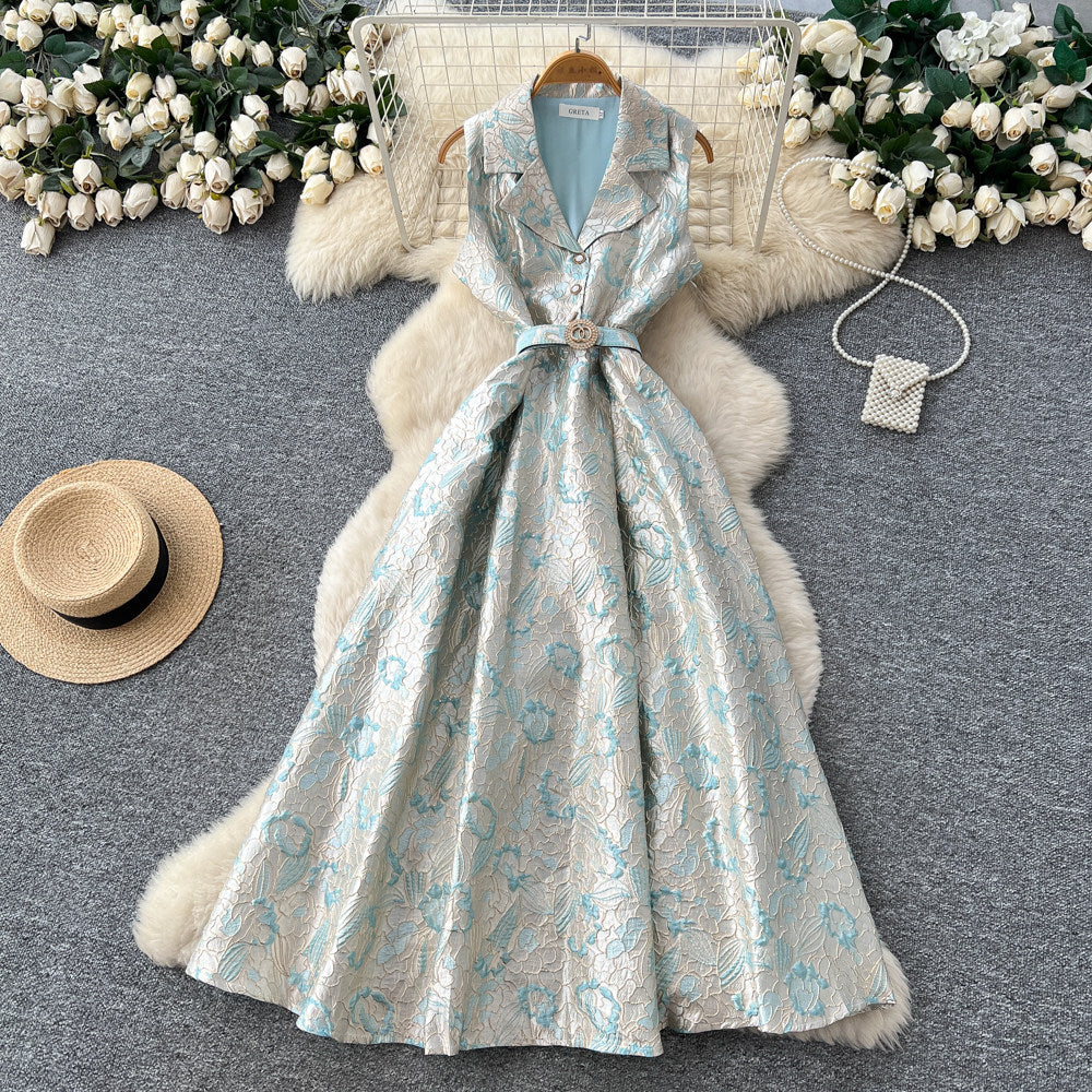 Elegant and chic jacquard dress with suit collar - sleeveless, tie-waist, slimming a-line maxi dress for women - perfect for summer