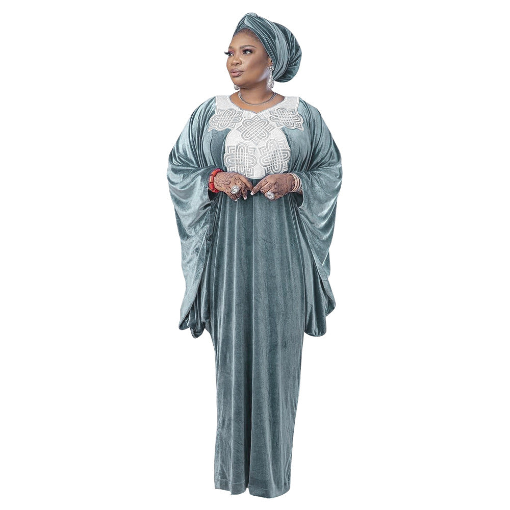 Solid color batwing sleeve velvet embroidered v-neck robe dress - cross-border sourcing, women's clothing,  new arrivals, african sourcing