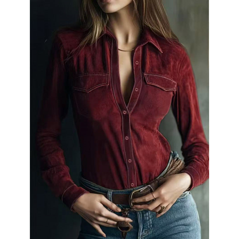 cross-border independent station european and american long-sleeved deerskin velvet shirt women's shirt