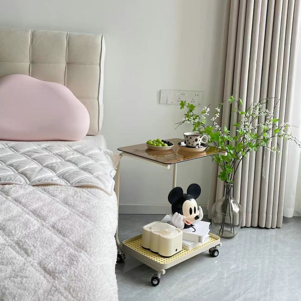 Cream style popular wheeled trolley bedroom glass side table small apartment living room movable sofa storage rack