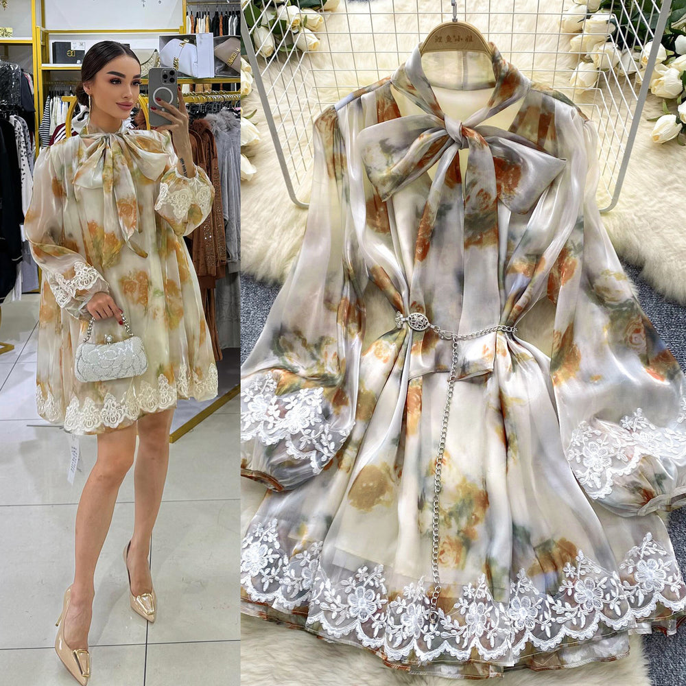 Spring european and american style women's dress - bow neckline, tie-up lantern sleeves, lace trim, shiny chiffon skirt, mini dress