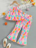 Girls' summer cami set with flared pants - dopamine floral print, ruffle collar, korean style two-piece outfit