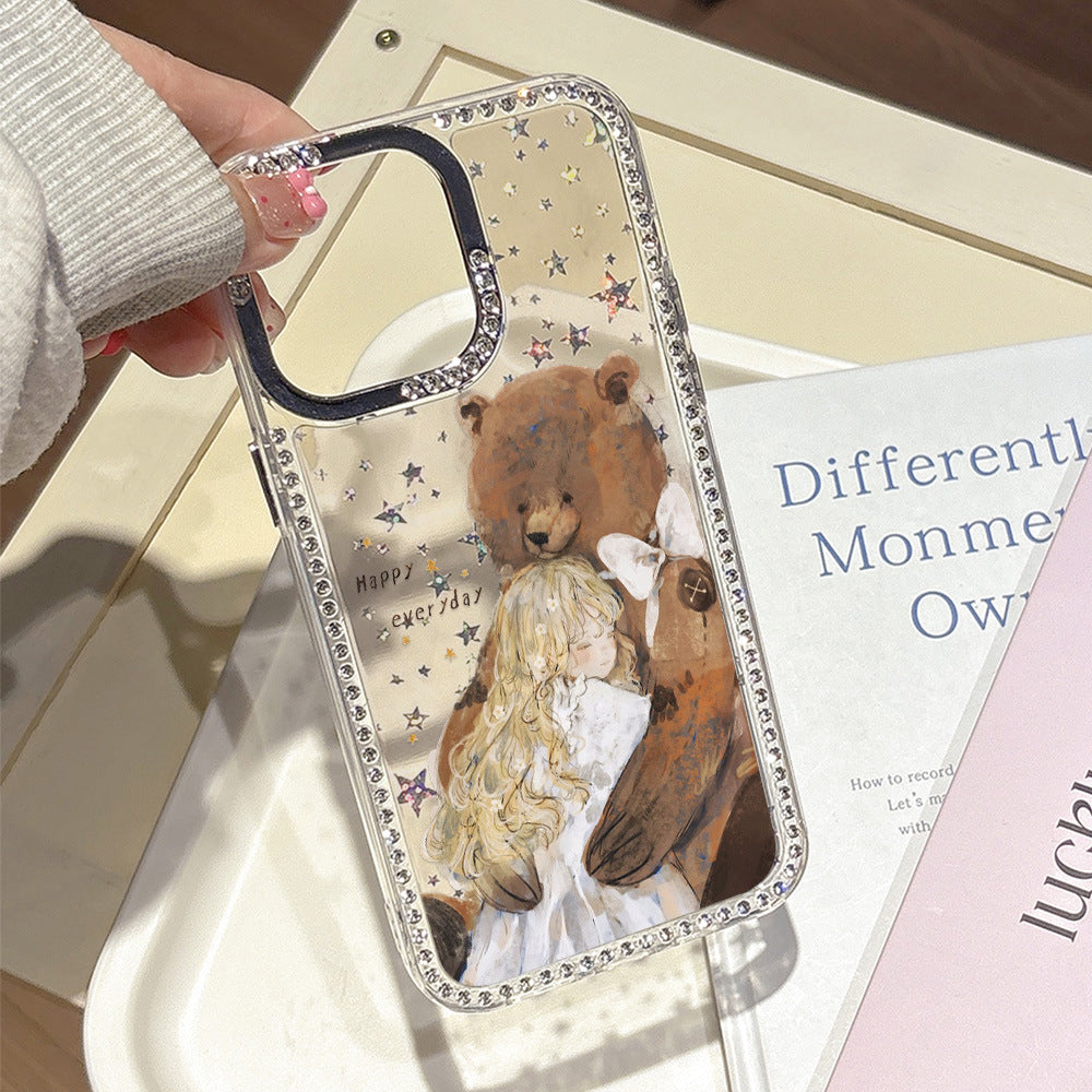 Suitable for iphone 16 hand-painted girl and bear mobile phone case apple 17 diamond glitter anti-fall diamond star hard case
