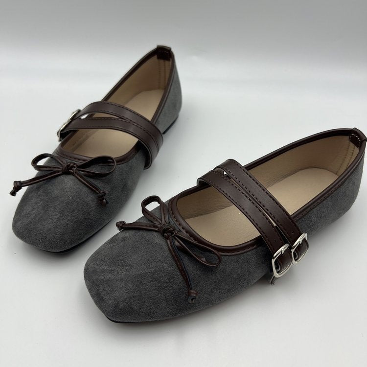 Export autumnew arrival square toe one-piece buckle flat heel shoes cross-border large size bows women's single shoes wholesale