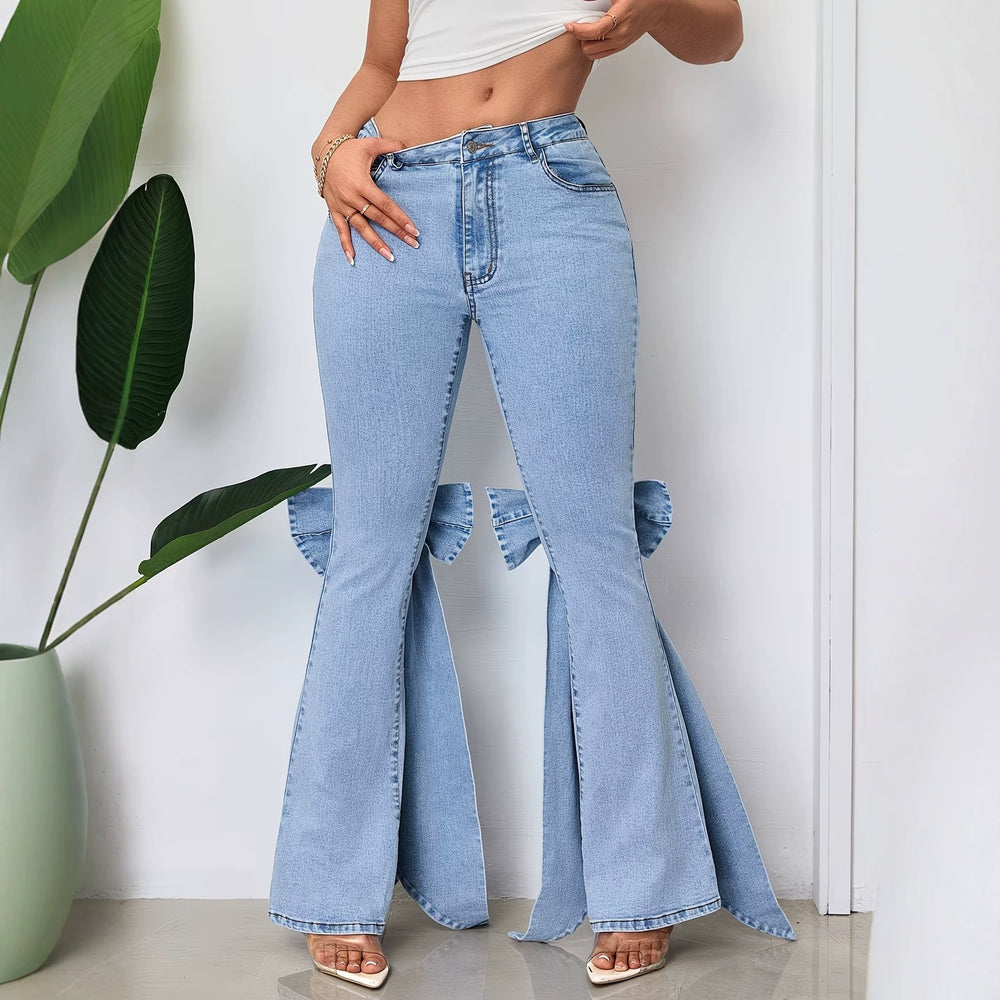 Fashionjeans women's bows slit slightly flared jeans washed high waist elastic silm mop hot style