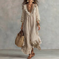 Vacation casual style vertical stripes mid-length skirt v neckrufflespatchworklooseslimming looklong sleeves flowydress