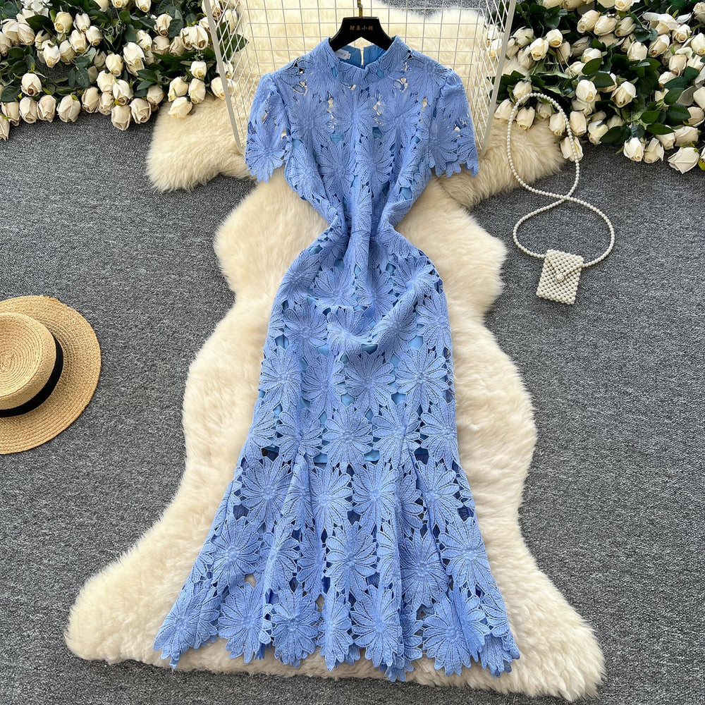 Frenchaccessible luxury celebrity heavy industry cut out crochet lace silmdress women's waist elegant mermaid dress long skirt