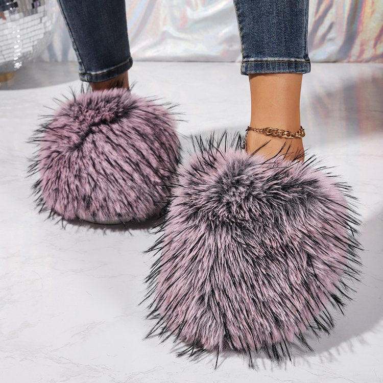 plus sizepure color fluffy large fur slippers soft bottom winter toe-cap home heattech multi-color cotton slippers