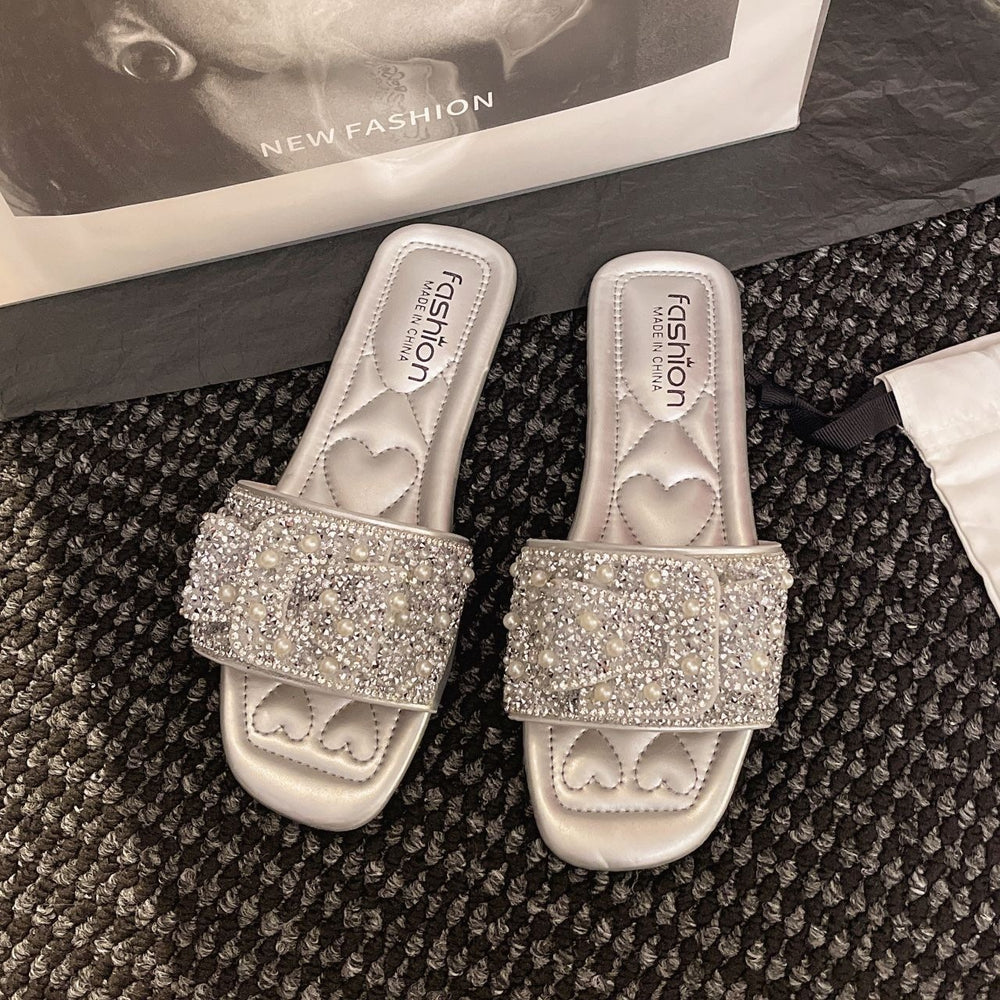 Plus size women's slides for export -  summer new arrivals: european & american fashion rhinestone flat one-strap sandals