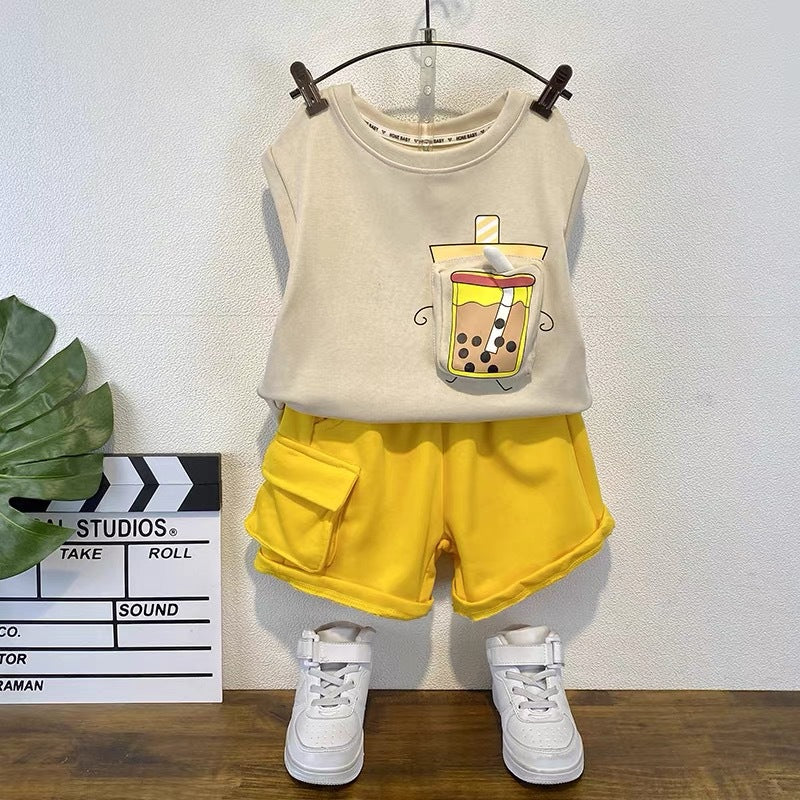 Boys'  cute cartoon print crew neck tank top and shorts trendy two-piece set - wholesale children's clothing