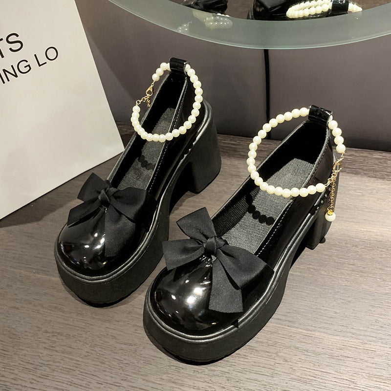 2025 spring new korean style bowknot low-cut pearl ankle strap chunky heel round toe mary jane leather shoes for women