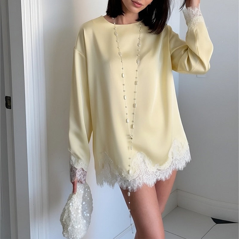 cross-border european and american women's clothing: new autumn collection - fashionable and elegant solid color lace patchwork hollow-out mini dress