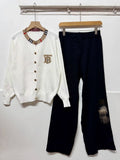 2025 fall/winter new arrival: plaid patchwork crewneck embroidered knit top and pants two-piece set for export