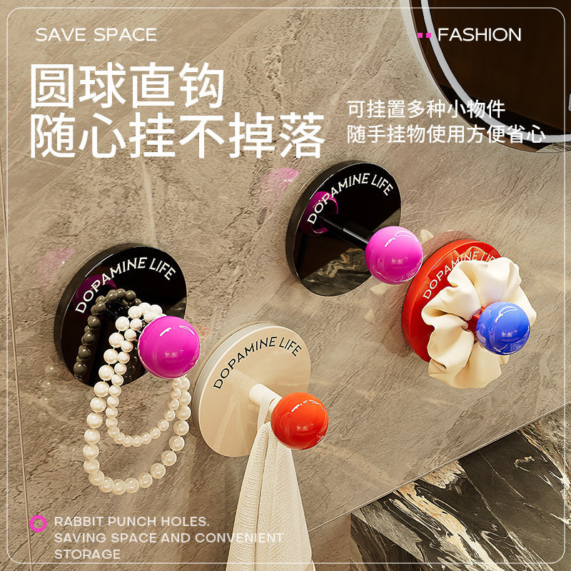 Dopamine wall-mounted non-punching hook, round ball straight hook, super glue sticky rubber band, necklace, jewelry, bathroom storage rack.