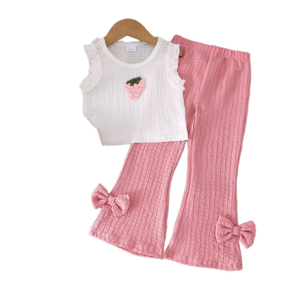 Children's clothing cross-border european and american girls' new strawberry chapter off-white vest + pink trousers set