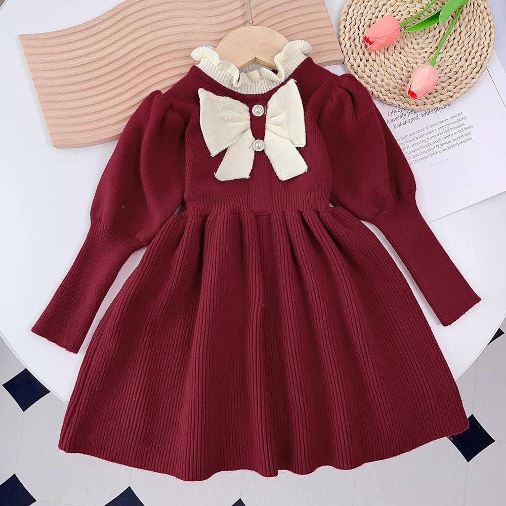 Girls' autumn/winter korean style knit dress with floral lace and cinched waist, cute bow detail, baby dress