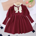 Girls' autumn/winter korean style knit dress with floral lace and cinched waist, cute bow detail, baby dress
