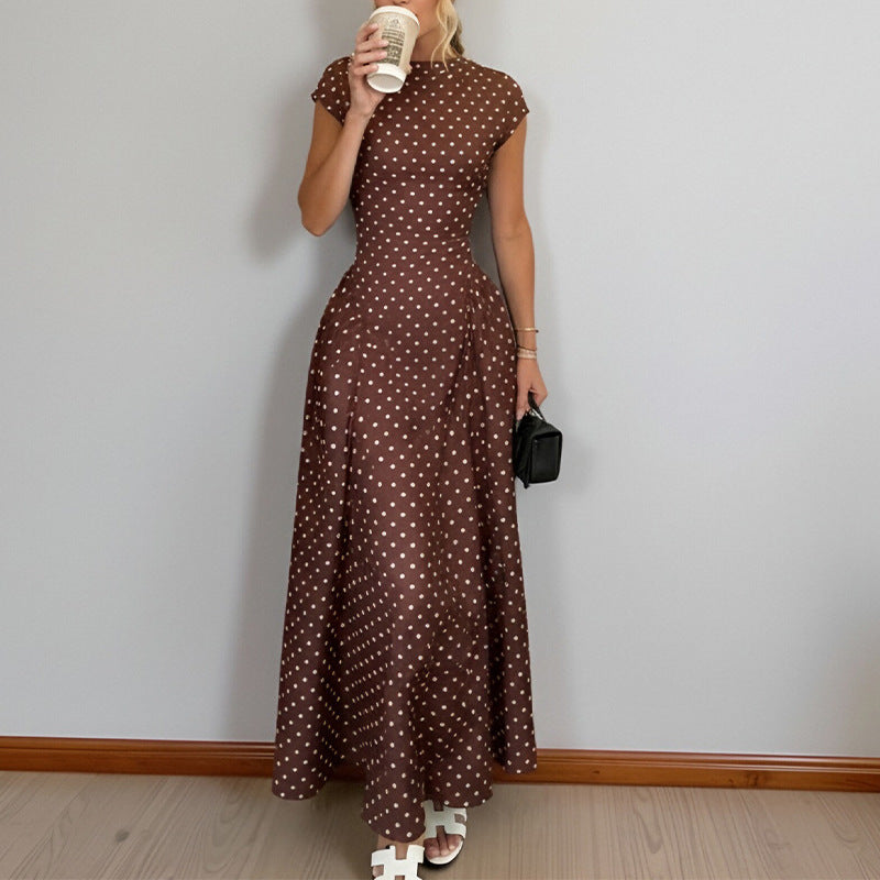 cross-border e-commerce european and american women's clothing: new summer collection - french polka dot round neck, slim-fit, a-line maxi dress