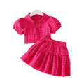 Summer girls' short skirt set - peach pink plaid, peter pan collar, chinese knot button top, and tiered skirt two-piece outfit