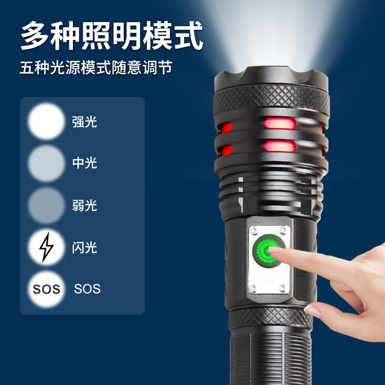Cross-border new XHP-160 strong light USB charging telescopic variable light LED power display outdoor long-range flashlight