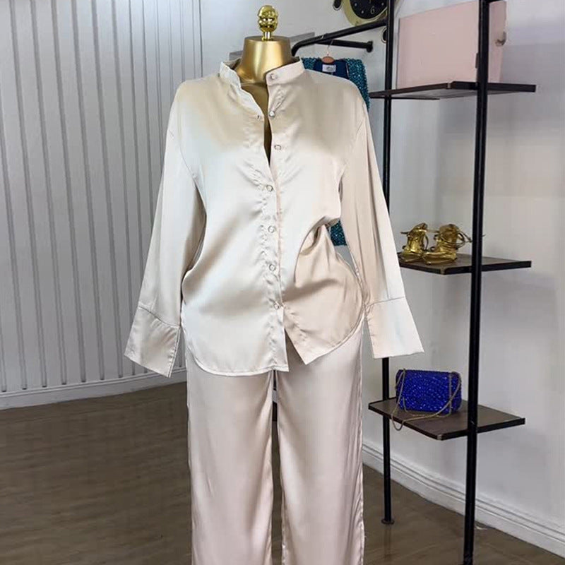 European and american cross-border women's fashion:  autumn new arrivals - casual loose fit long sleeve shirt & high-waisted wide leg pants fashion set