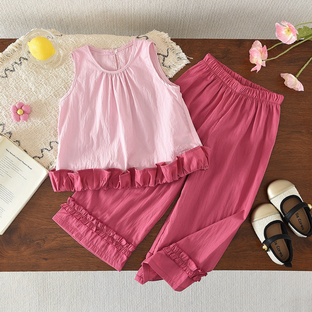 Girls' summer outfit set: sleeveless babydoll top and straight-leg pants two-piece set - cross-border bestseller, girls' clothing