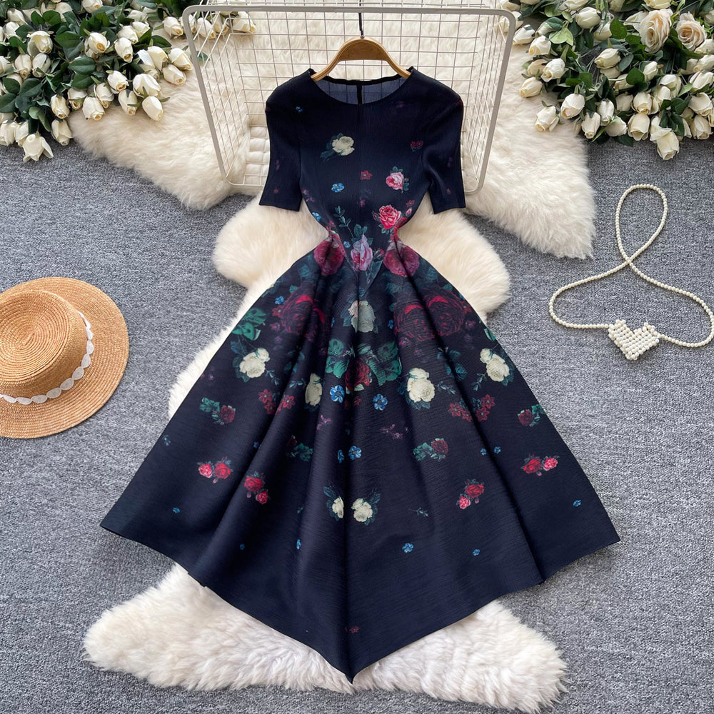 Korean style geometric print a-line dress - women's summer short sleeve, minimalist, versatile, elegant, commute-friendly, plus size dress