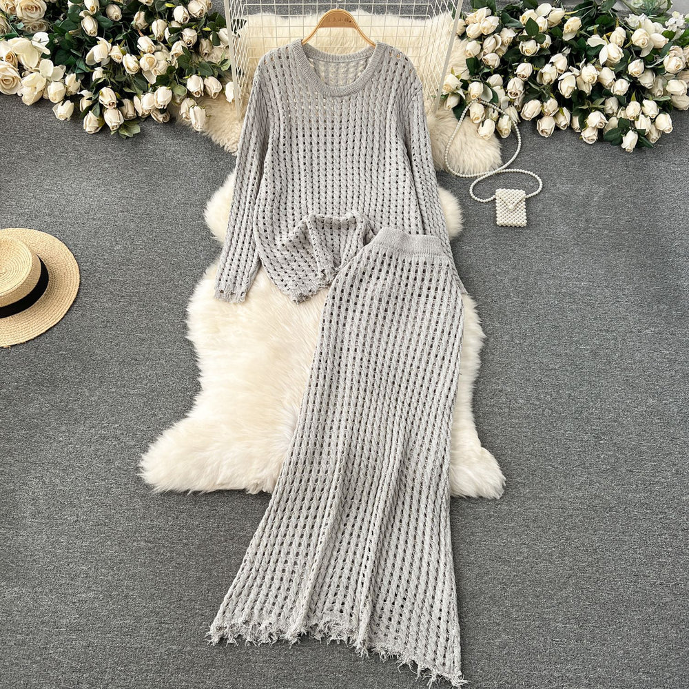 Korean style early spring outfit: effortless knit set for women - designer cutout top & versatile midi skirt two-piece trendy set