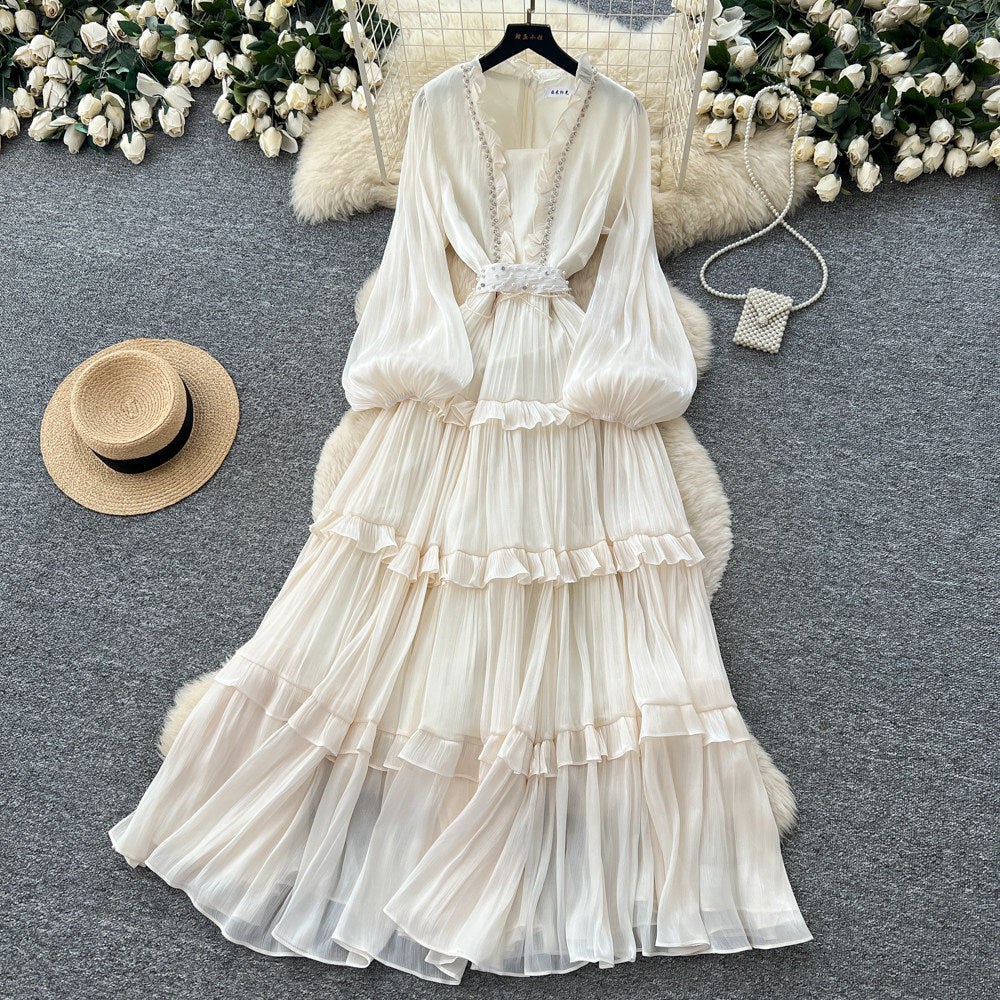 French sweet style pink lantern sleeve dress - women's spring/autumn cinched waist ruffle trim elegant cake dress - slimming