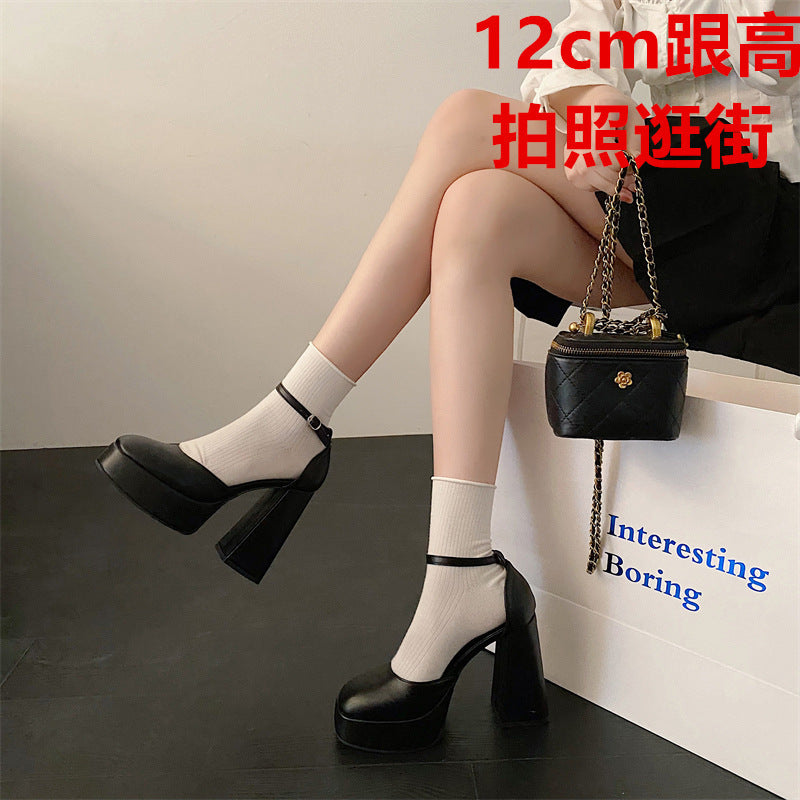 Super high heels Barbie shoes women's new spring and autumn beige bag head Mary Jane thick heel sandals wedding shoes