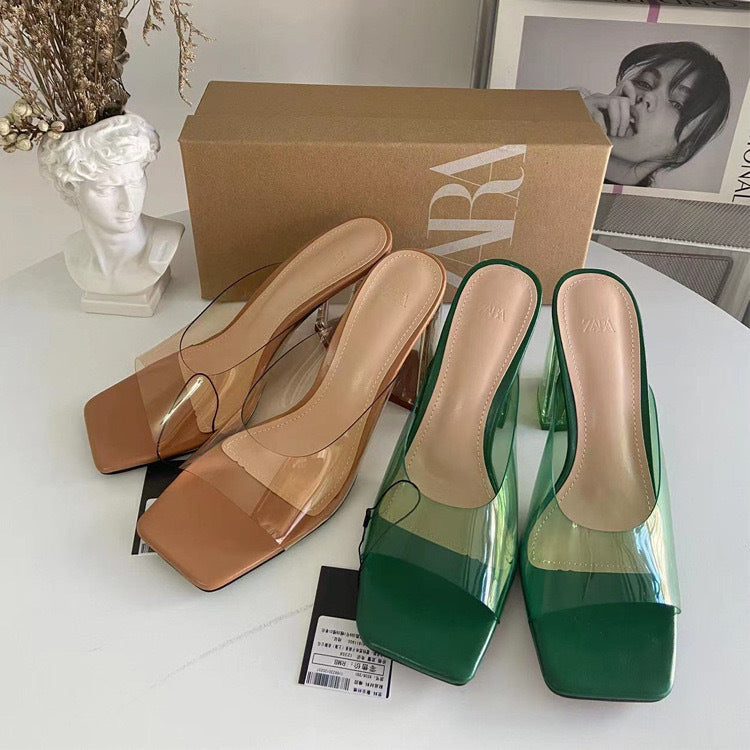 Z's 2024 spring and summer square toe one-piece pvc transparent high heel crystal heel thick heel rear air quality fashion sandals for women