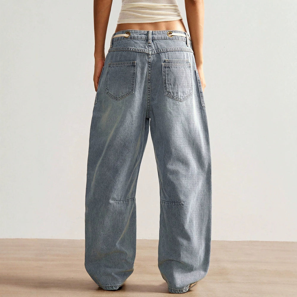 Fashionjeans women's patchwork patch splash ink wide-leg jeans high waist drawstring loosestraight-legcasualpants