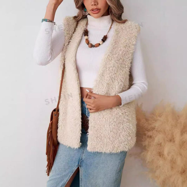 VCAY Women's casual sleeveless faux fur cardigan, suitable for vacation autumn and winter