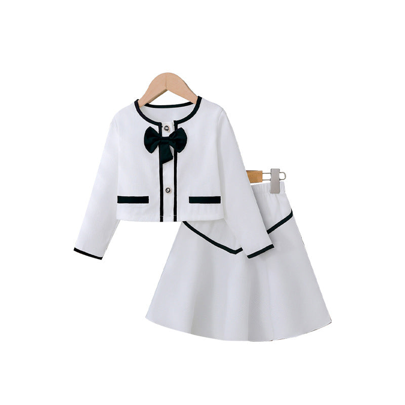 autumn/winter girls' chanel-inspired outfit: pink and white bow-trimmed round neck jacket and mini skirt two-piece set