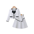 autumn/winter girls' chanel-inspired outfit: pink and white bow-trimmed round neck jacket and mini skirt two-piece set