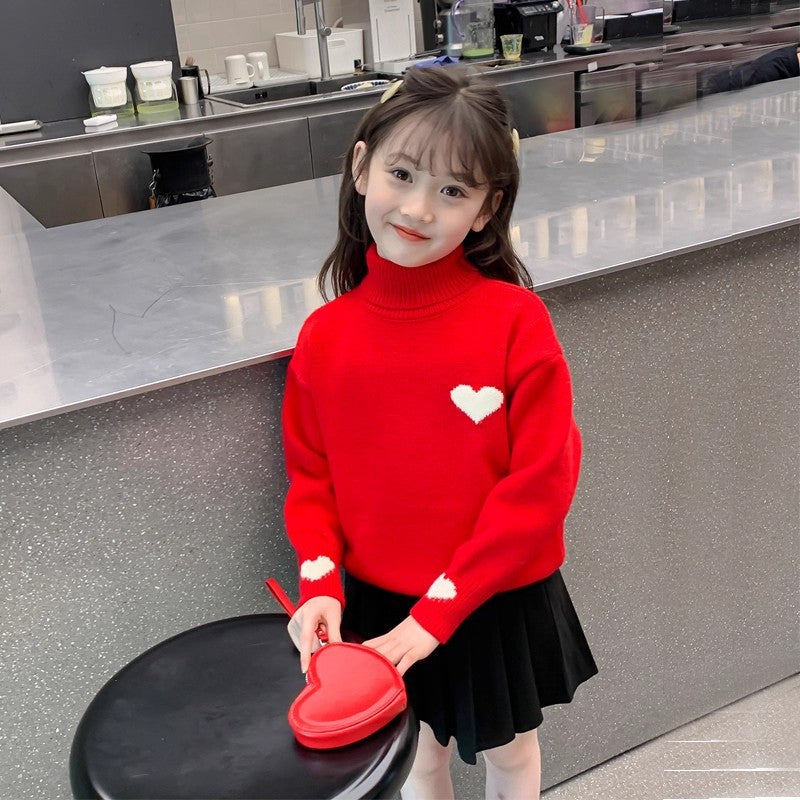 Girlsweater high collar fleece-lined winter kids heart woolentopsgirlwinterthickened bottomknitting shirt