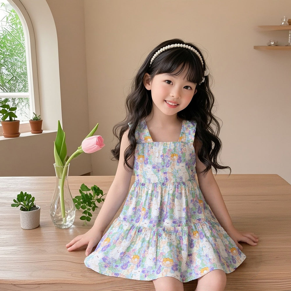 Kids suspender lacedress cake skirt summer thin cotton silk skirt little girl flying sleeve style floral skirt