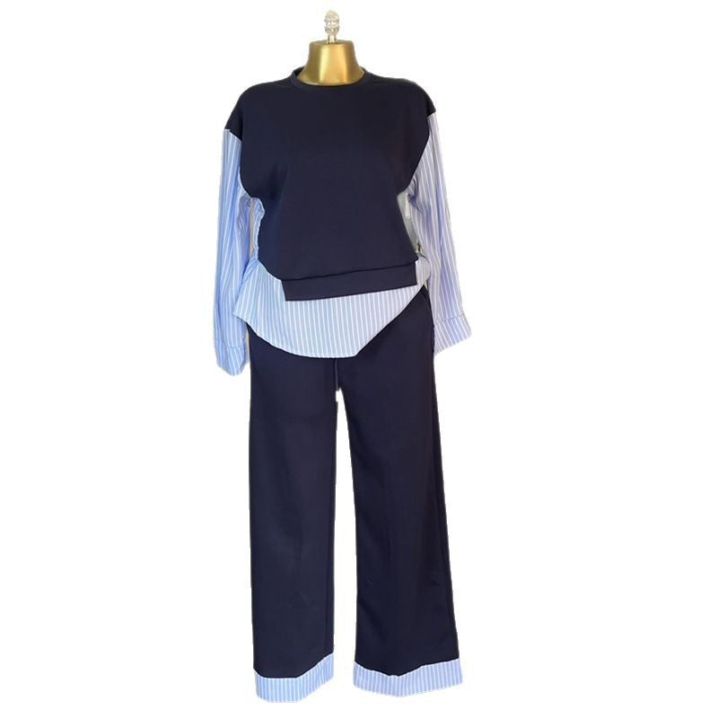 European and american cross-border women's fashion:  summer new collection - stylish round neck striped patchwork top and high-waisted casual pants set