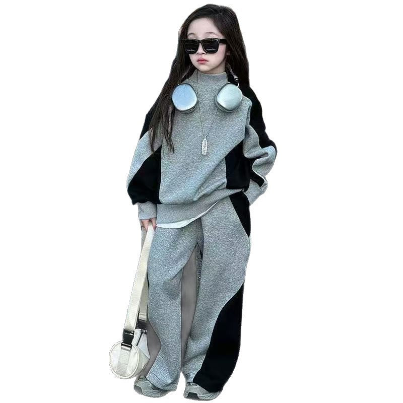 Kids' korean style pants  new color block two-piece set for girls, casual sports sweatpants, spring and autumn fashion (mid-to-large children)