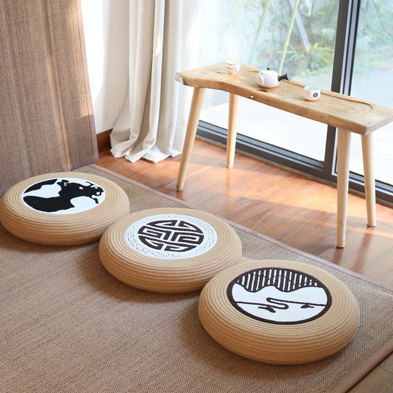 Futon pouf, tatami floor, bay window, retro coffee table, pouf, living room floor cushion, hemp rope meditation stool