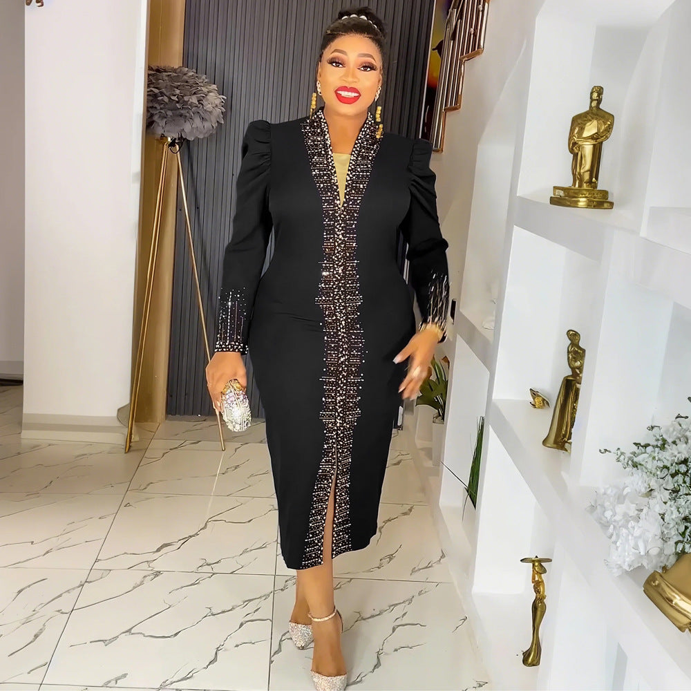 Temu cross-border e-commerce  fashionfashion women's clothing hot diamond beads african plus sizeolwork clothingdress