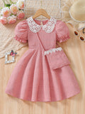 spring new arrivals: girls' european & american elegant style lace collar a-line dress with matching bag two-piece set