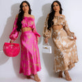 C6881 cross-border   fashion women's printed sexy long sleeve cropped maxi dress two-piece set