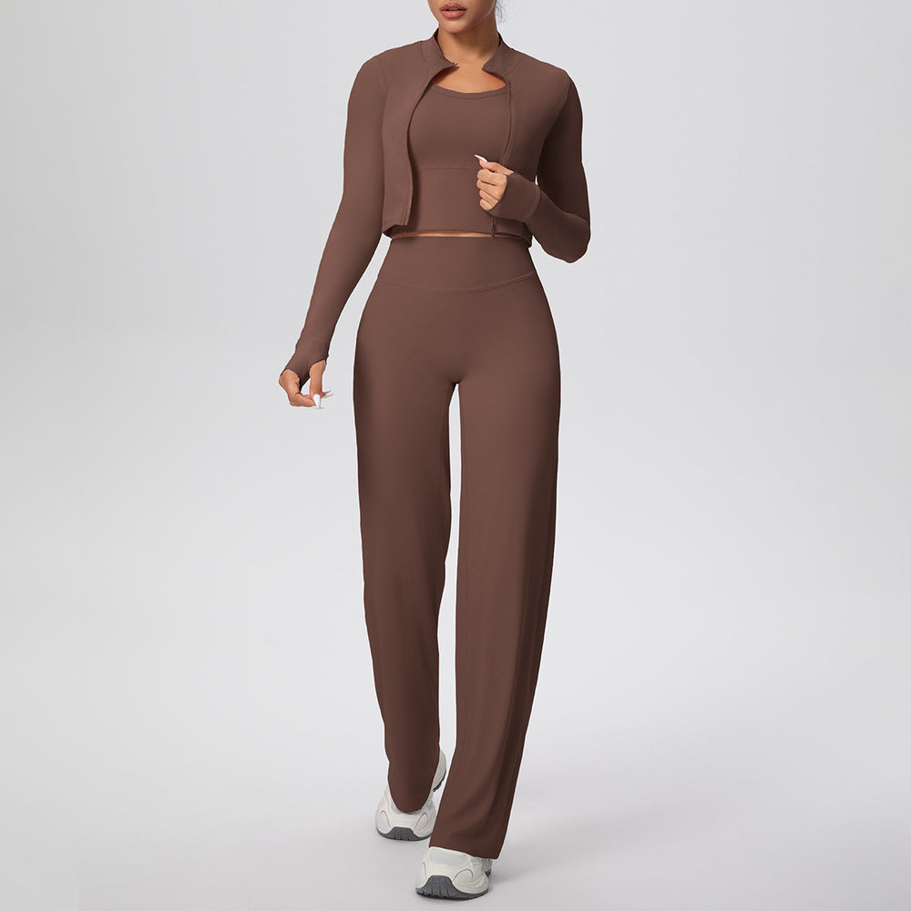 pure color brushed tight high-elastic vest wide-leg long three-piece set sports running fitness yoga suit