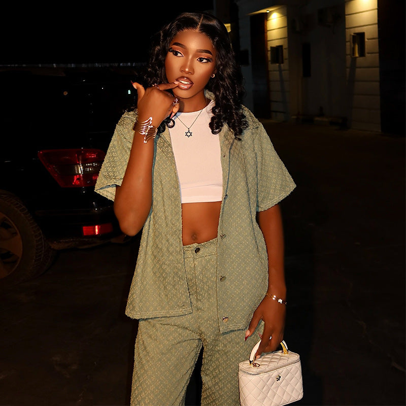 European and american women's clothing  autumn new collection: sweet and fresh turn-down collar short-sleeve shirt top and high-waisted straight-leg pants two-piece set