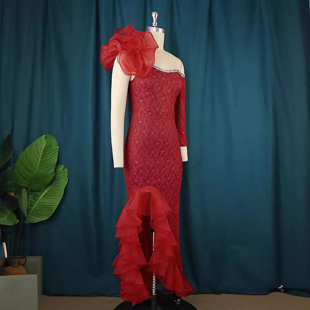 Mesh patchwork slant neck long dress designer single sleeve slant hem fungus dress party dress
