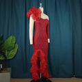 Mesh patchwork slant neck long dress designer single sleeve slant hem fungus dress party dress