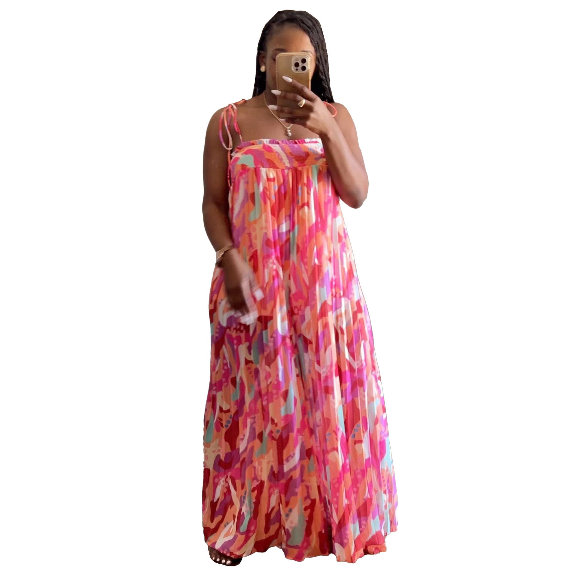 S10478 European and American sexy, printed suspender pleated wide leg suspender jumpsuit