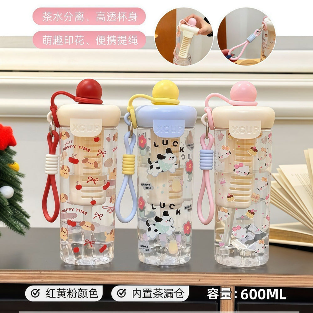 Trendy summer water bottle for girls: high-style, large capacity, tea infuser, straw cup with cute cartoon float – made of plastic