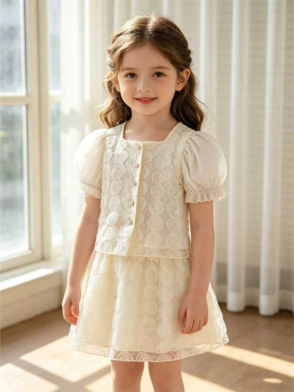 summer cross-border e-commerce 3d mesh flower appliqué top + skirt two-piece set for girls